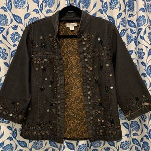 Coldwater Creek Faded Black Denium Sequence Bead Embellished Jacket Size PM